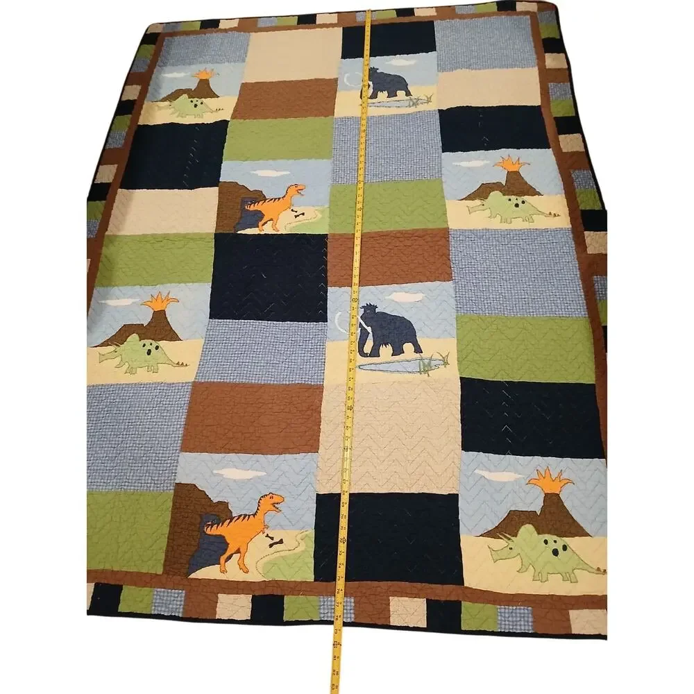 RARE Pottery Barn Dinosaur QUEEN Quilt Blanket Colorful Pop Art Patchwork Vintag